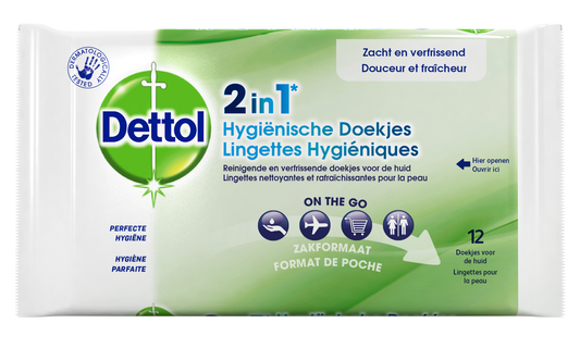 Dettol 2-in-1 wipes for body care, 12-pack, featuring soft textured cloths for cleansing and refreshing skin.