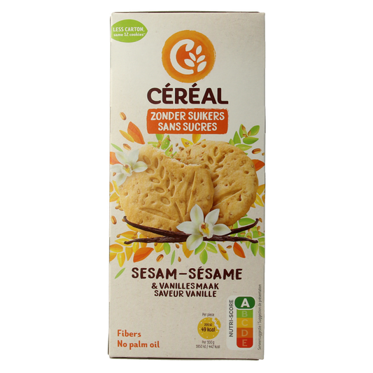 Cereal Sesam Vanille Koek, 132g, showing golden sesame seed cookies with vanilla flavor on a white background.