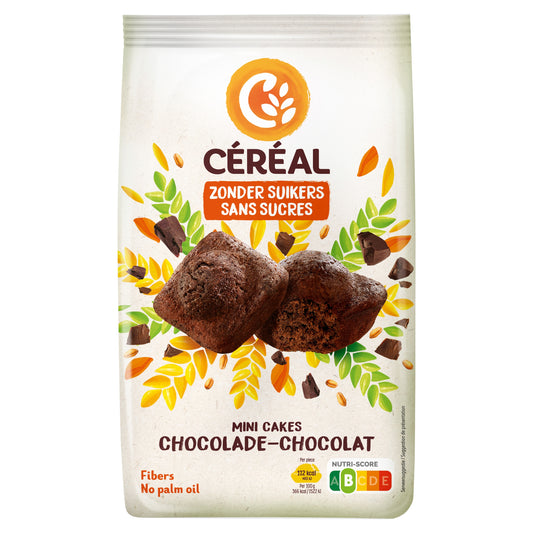 Cereal brand mini chocolate cakes without sugar, 196 grams, featuring small, round chocolate cookies on a plate.