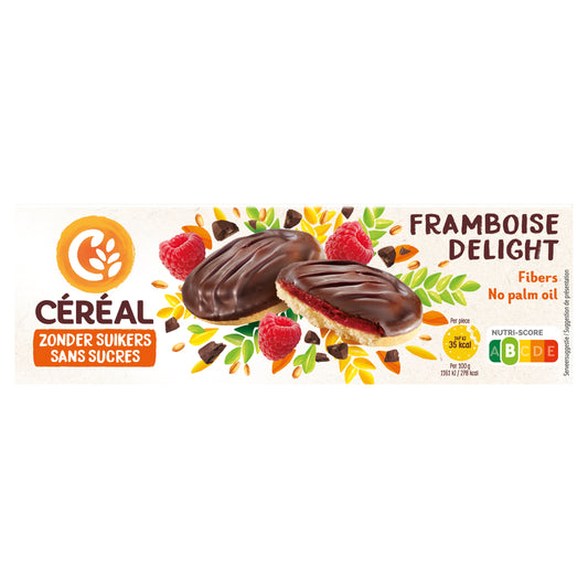 Cereal Framboos Delight Koek, raspberry-flavored cookie from Cereal brand, 140 grams, showing a close-up of the raspberry-filled biscuit