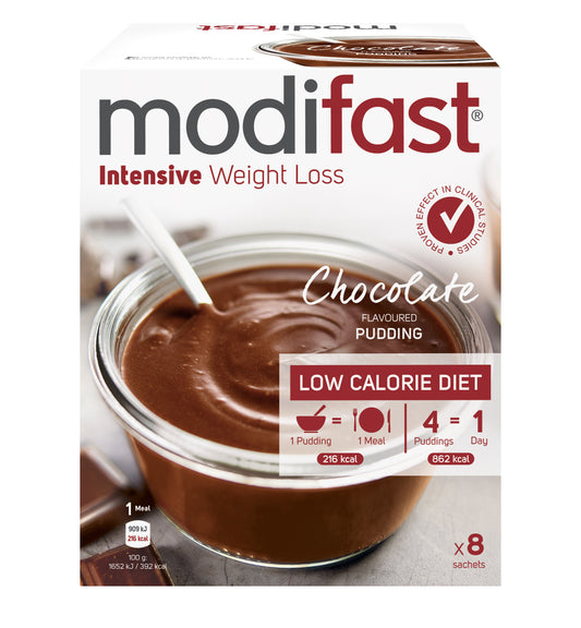 Modifast Intensive chocolate pudding in 440g container, rich dessert with creamy texture and chocolate flavor.