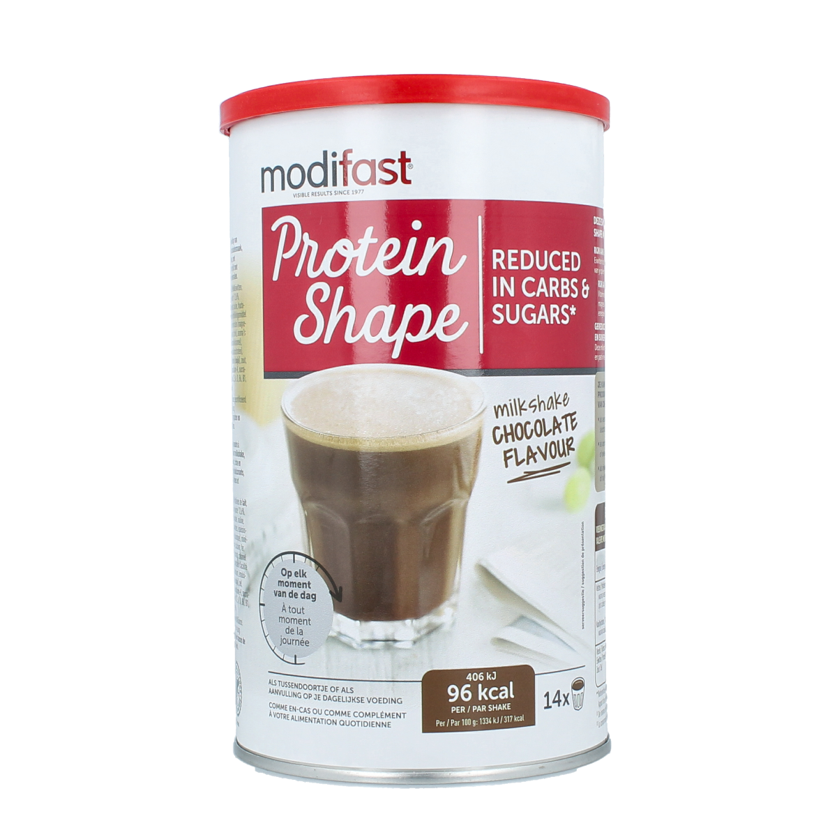 Chocolate Modifast Proteine Shape milkshake in 420g container, a meal replacement with protein for a balanced diet.