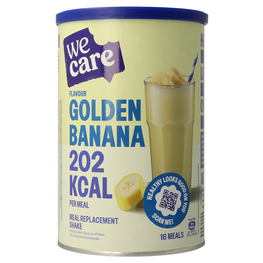 WeCare golden banana meal replacement shake in a 436g container, showing the powder and packaging for dranken en sappen.