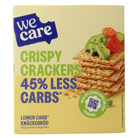 WeCare crispy crackers in a 100g package, low calorie and low carb snack, perfect for healthy snacking or on-the-go.