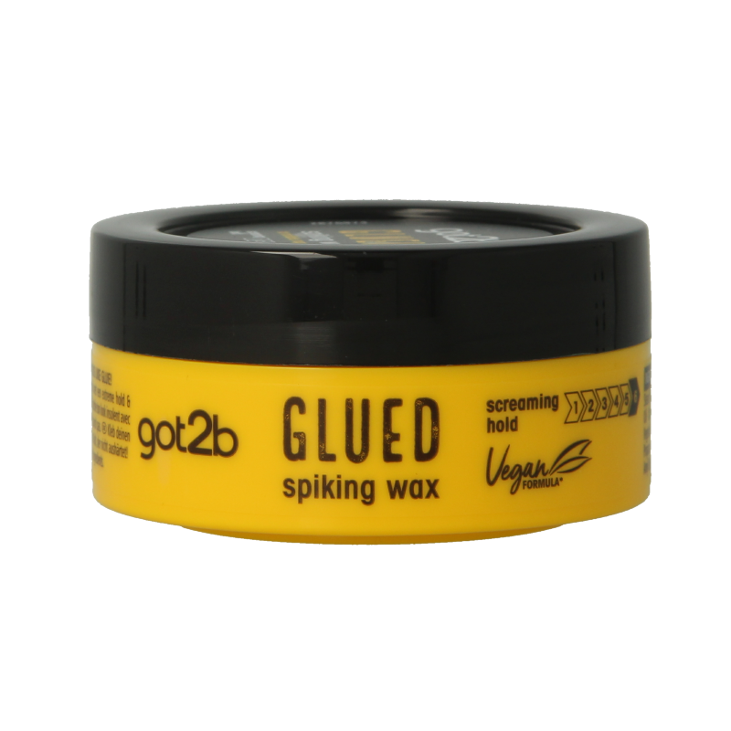 Got2b Glued spiking wax 75ml for hair styling, featuring the wax in a container with a black lid and product label.