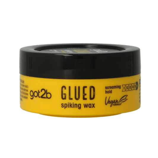 Got2b Glued spiking wax in 75ml jar, hair styling product with strong hold and shiny finish, ideal for creating spiked hairstyles.