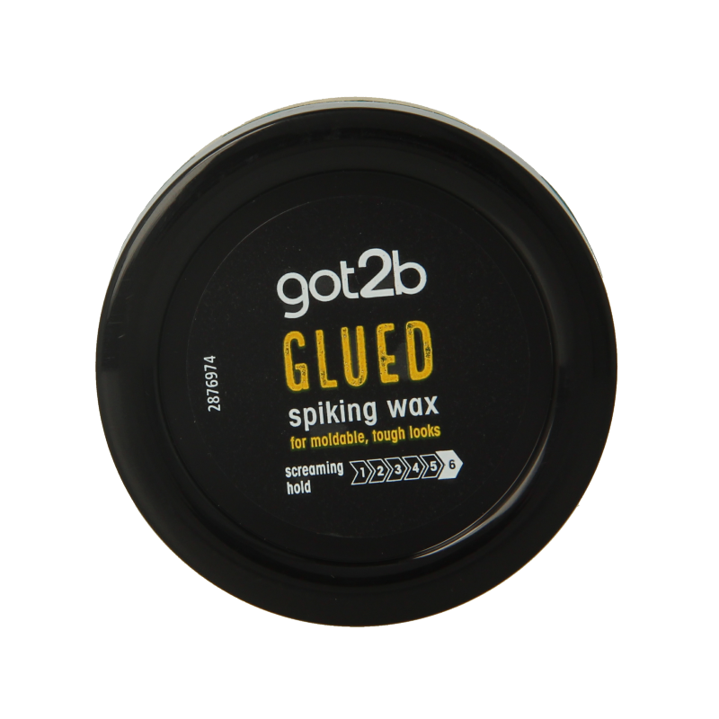 Got2b Glued spiking wax 75ml for hair styling, showing the jar with the black lid and label, designed for strong hold and spiky styles.