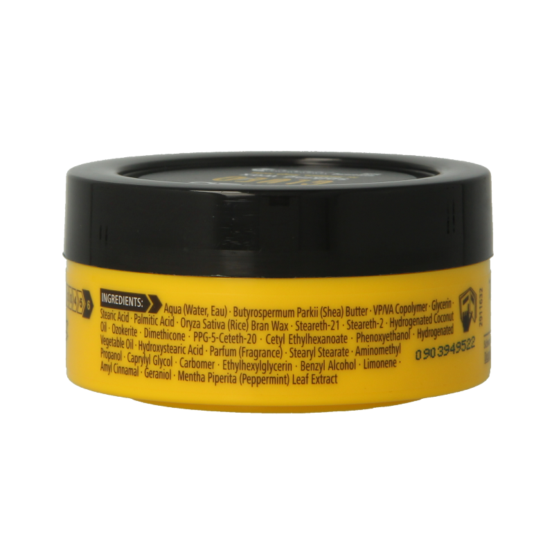 Got2b Glued spiking wax in 75ml jar for hair styling, shown with textured, spiked hairstyle and black packaging.