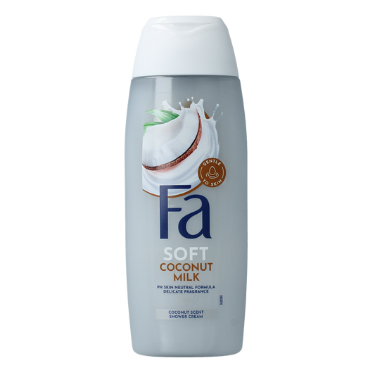 FA Shower coconut milk 250ml bottle with white and blue packaging, designed for a soothing bath and shower experience.