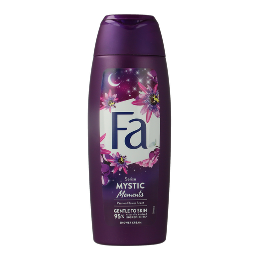 FA Douche Mystic Moments with shea butter and passion fruit in a 250ml bottle, featuring a soft, colorful label design.