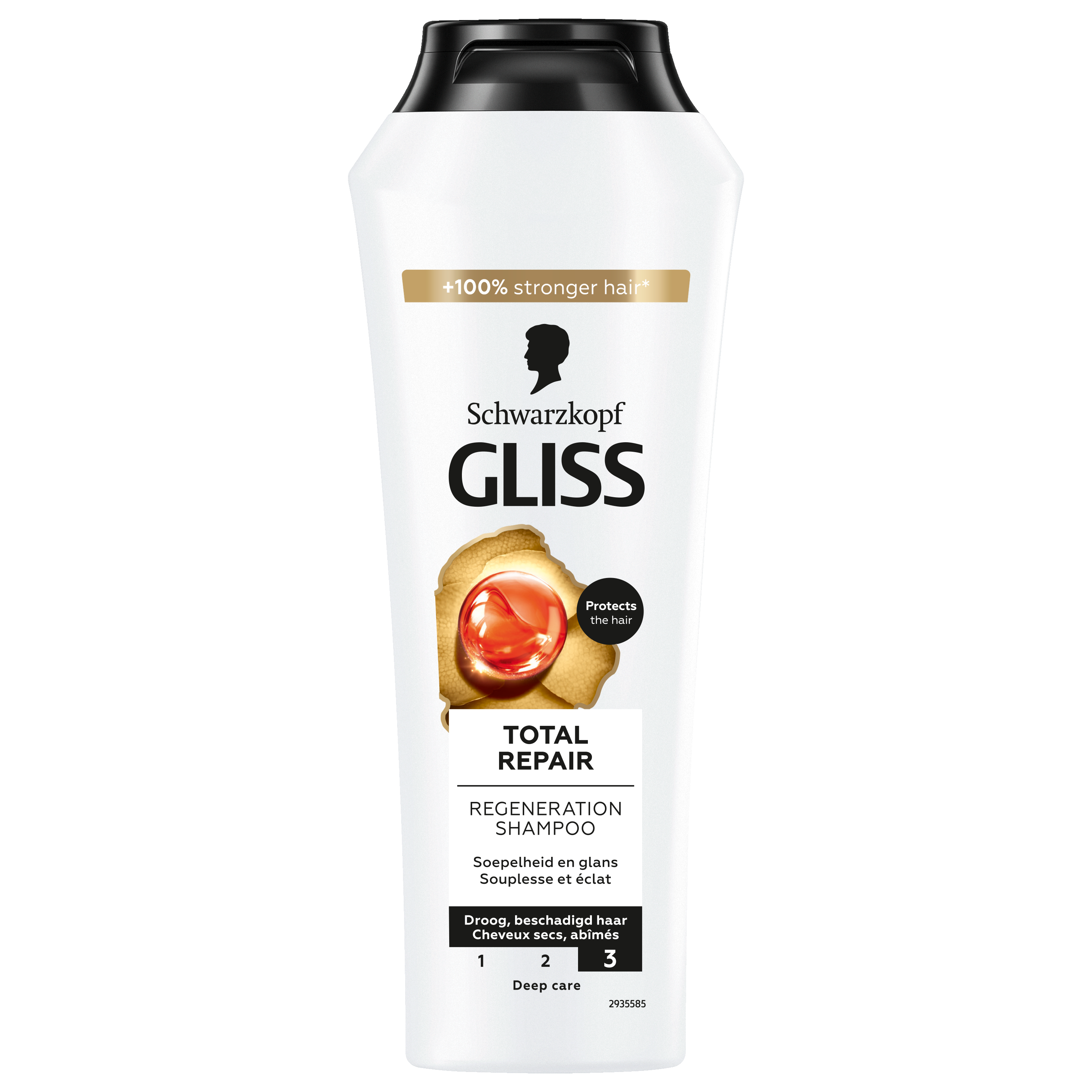 Gliss Kur Total Repair shampoo in 250ml bottle with clear label and sleek packaging for damaged hair care.