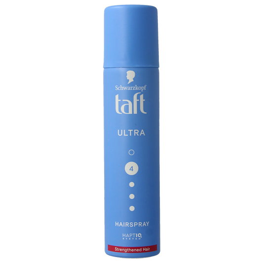 Taft ultra strong pocket size hairspray in 75ml container, Haarstyling product with compact design and spray nozzle.