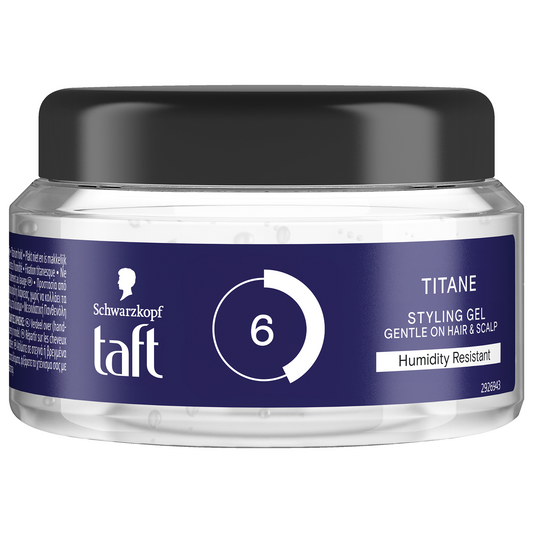 Taft Power gel titane in a 250ml jar, a strong-hold hair styling gel with titanium for firm, long-lasting styling.