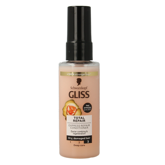 Gliss Kur Anti-klit spray total repair mini bottle, 70ml, for hair repair and smoothing, shown in the image.