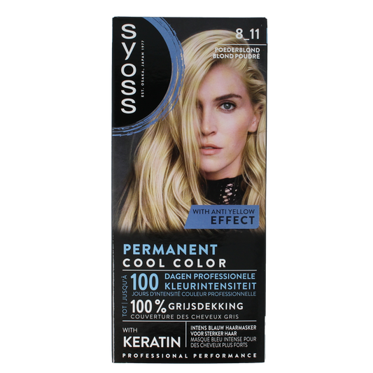 Syoss Permanent Cool Color 8-11 Powder Blonde hair dye set with applicator brush and gloves for professional hair coloring.