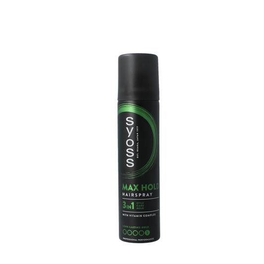 Syoss hairspray max hold 75ml bottle for strong, long-lasting hair styling, shown in a clear spray bottle.