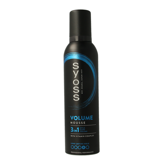 Syoss Mousse volume hair styling product in 250ml bottle, with the brand logo visible on the packaging.