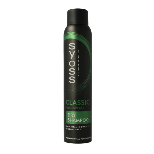 Syoss anti-grease dry shampoo in 200ml spray bottle, haircare product for refreshing greasy hair without water.