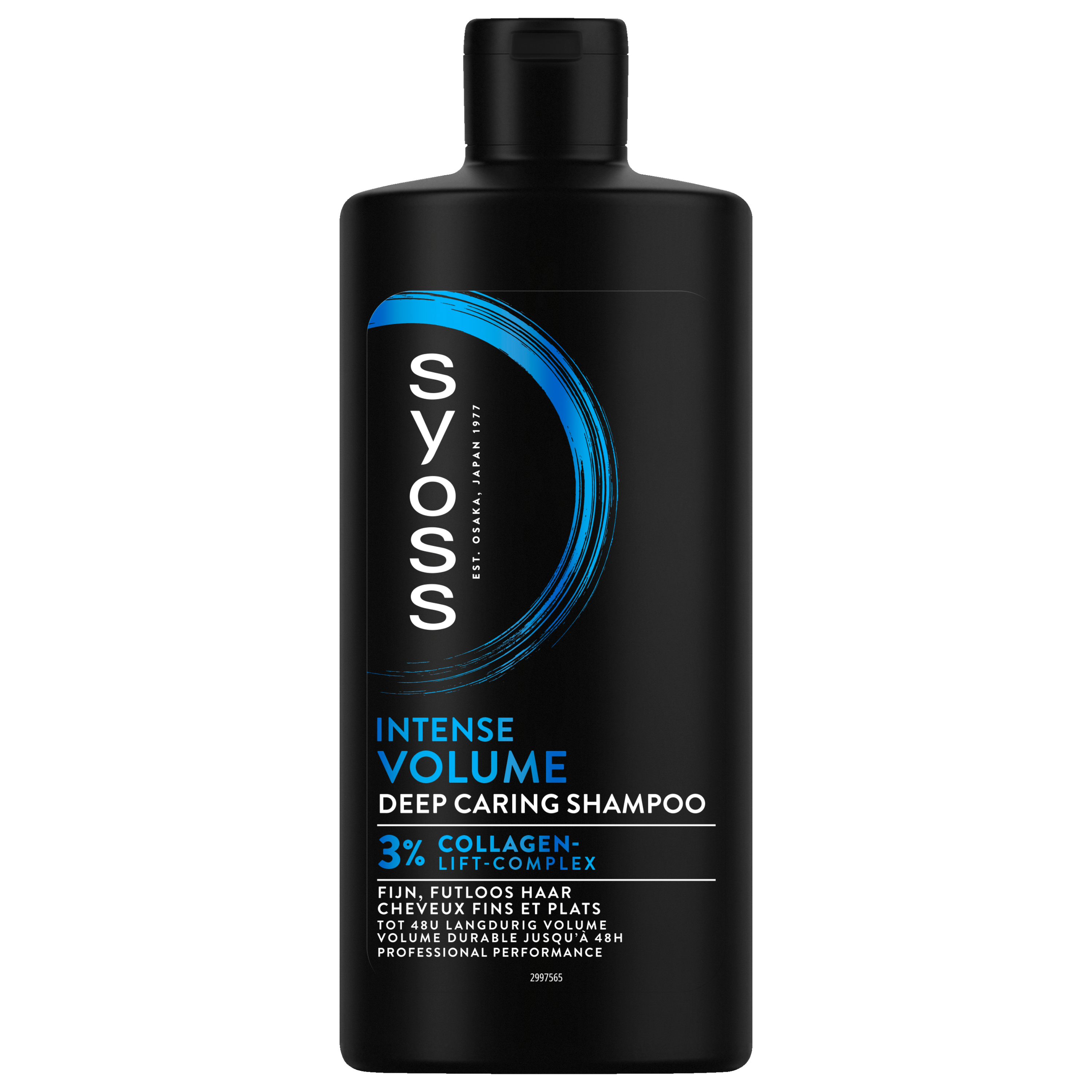Syoss Volume Shampoo bottle, 440ml, for hair care, with a sleek design and clear labeling, showcasing the product's volume.