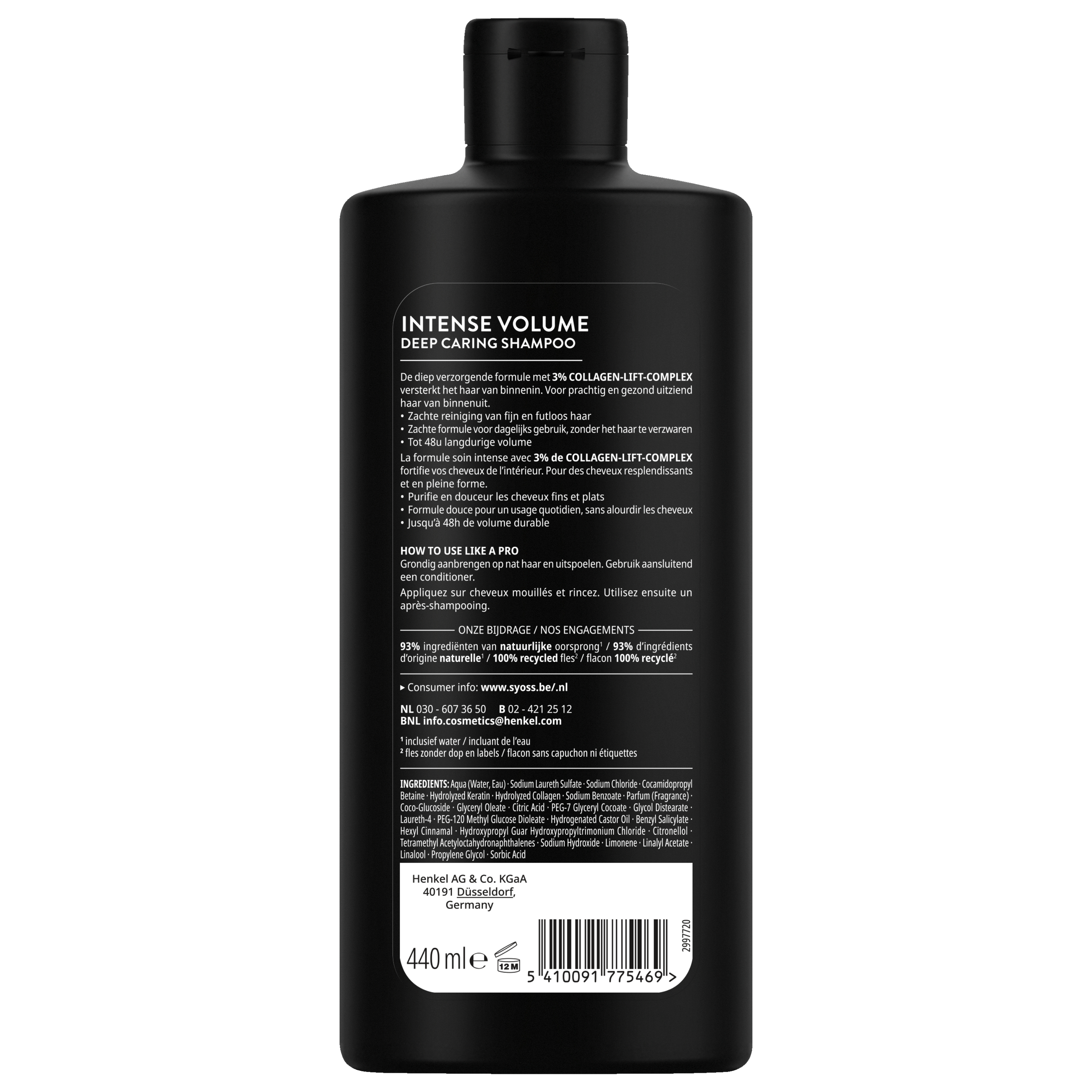 Syoss volumizing shampoo bottle with 440ml label, featuring sleek packaging and product details for hair care.