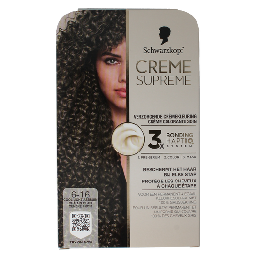 Schwarzkopf Creme Supreme 6-16 light brown hair coloring cream, tube of Schwarzkopf hair dye product.