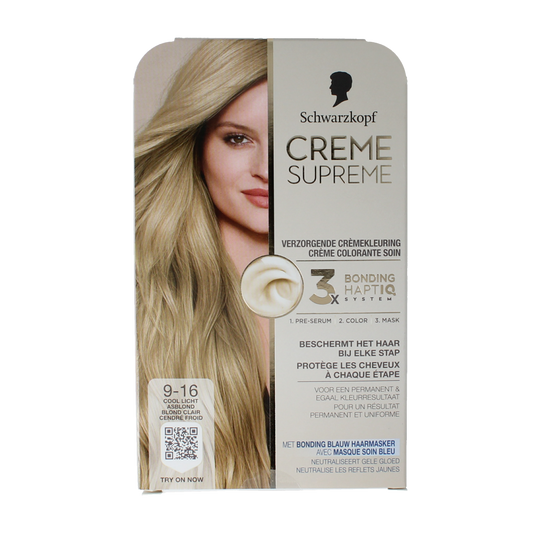 Schwarzkopf Creme Supreme 9-16 licht blond hair coloring cream, tube with product label, for hair coloring.