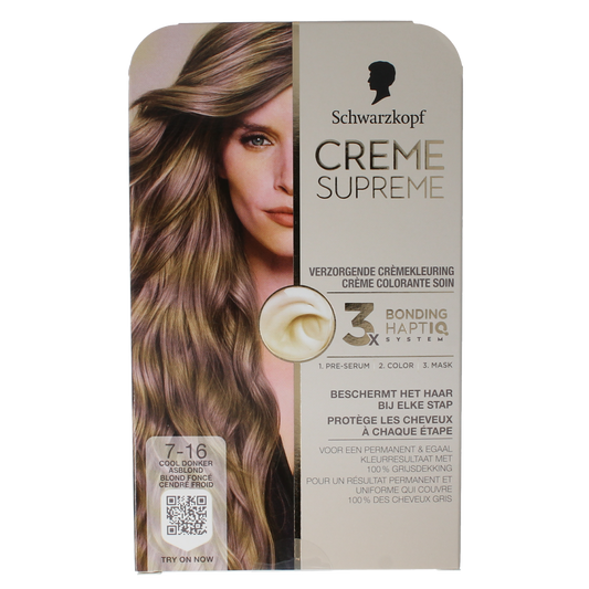 Schwarzkopf Creme Supreme 7-16 D blond hair coloring kit with one tube of hair dye, suitable for professional use