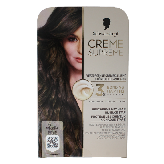 Schwarzkopf Creme Supreme 5-0 brown hair coloring tube for professional hair dyeing, shown in the image.