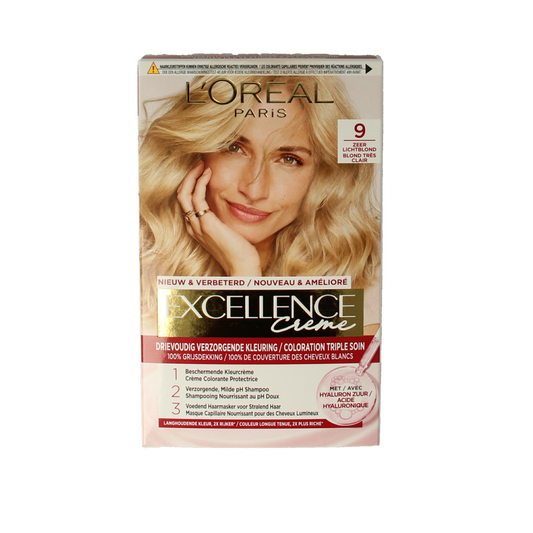 Excellence Excellence 9 zeer lichtblond hair coloring set in box with tubes and instructions, professional hair dye kit.