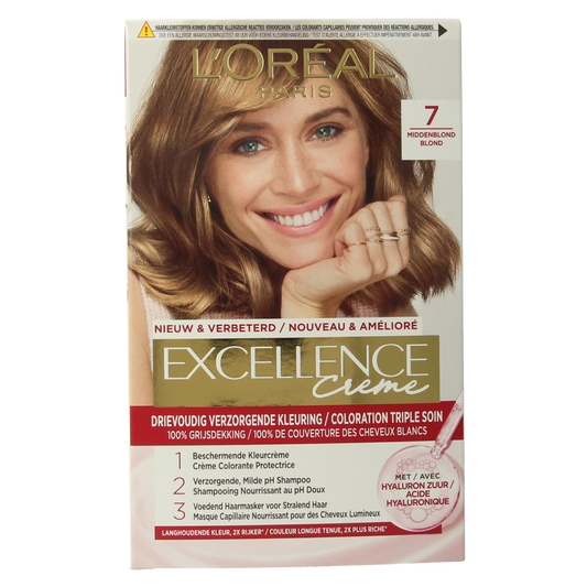 Excellence 7 middenblond 1.00 hair coloring set with ammonia-free formula, showcasing the boxed product for professional hair dyeing.