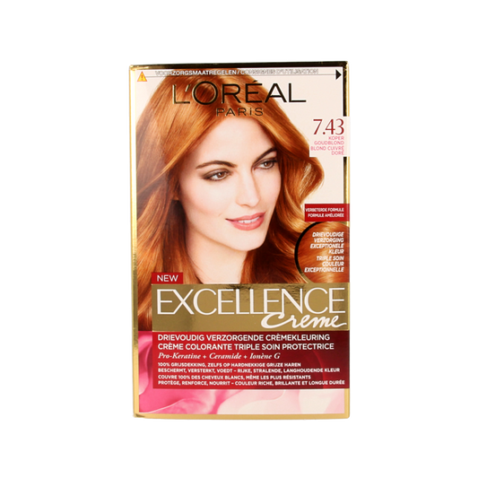 Excellence 7.43 koper goudblond hair coloring kit with hair dye and developer for a warm, copper blonde shade