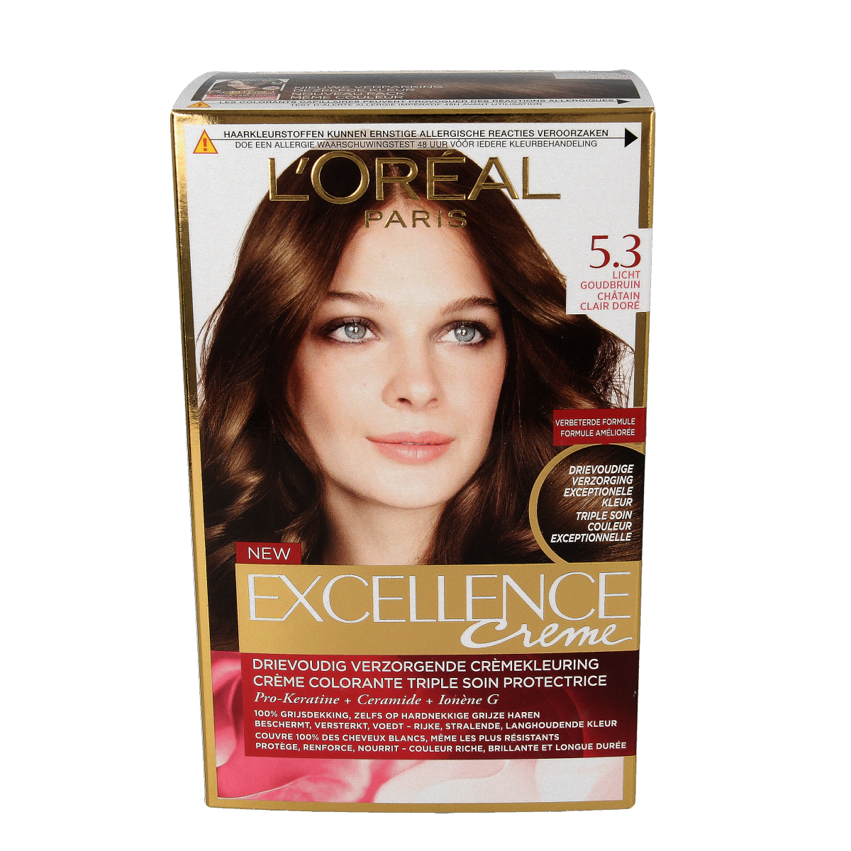 Excellence Haarkleuring crème in licht goudbruin, 1.00 set, showing the box with product and color information