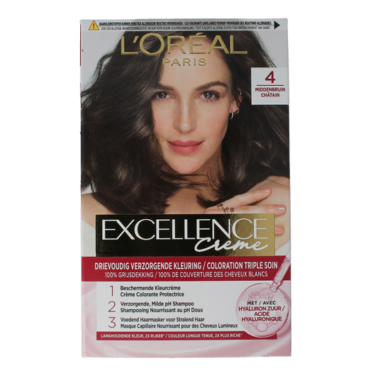 Excellence 4 Middenbruin hair coloring set with developer and applicator bottles for professional brown hair coloring.