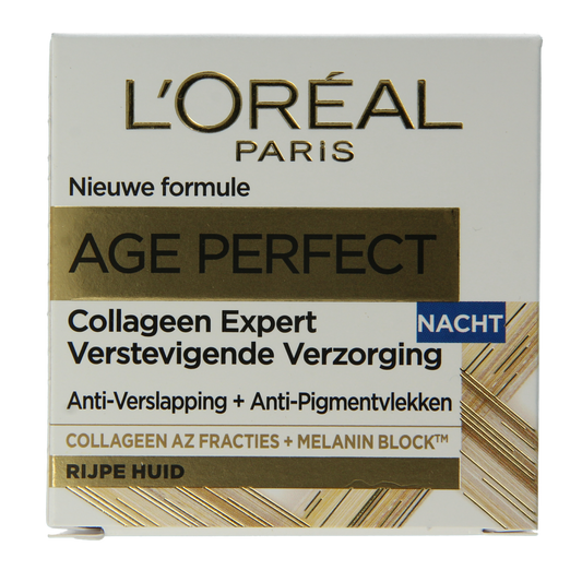 L'Oreal Paris Age Perfect nachtcrème pot with 50ml, facial skincare product for mature skin, in a white jar with a gold lid.