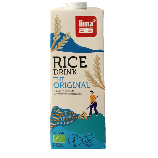 Lima organic rice drink in a 1-liter bottle, original flavor, in a clear container with a white cap, suitable for vegan and dairy-free diets.