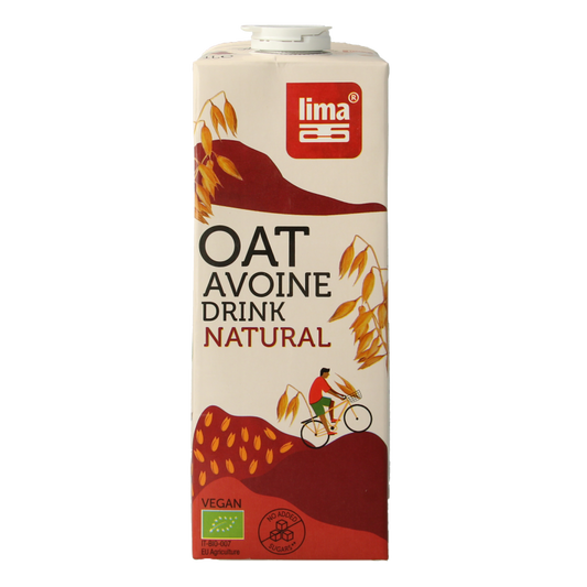 Lima natural oat drink in a 1-liter bottle, showing the beverage inside with a label featuring the Lima brand.