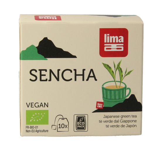 Organic Lima Sencha builtjes tea sachets, 15 grams, in a green tea package with tea leaves and sachets visible.
