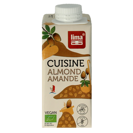 Lima Almond Cuisine Bio sauce in a 200ml bottle, natural almond flavor, used as a flavor enhancer or cooking ingredient.