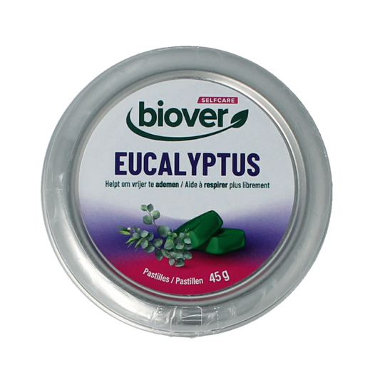 Biover Eucalyptus pastilles in 45g package, lemon-flavored herbal lozenges for soothing throat comfort