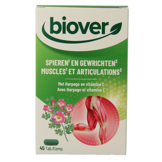 Biover Spieren en Gewrichten herbal supplement bottles with tablets, natural herbal preparation for muscle and joint support.
