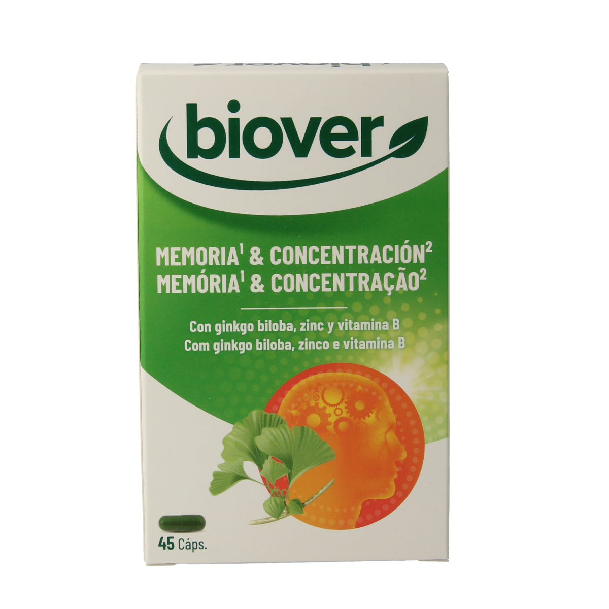 Biover Geheugen & Concentratie herbal supplement capsules in a bottle, designed to support memory and focus.