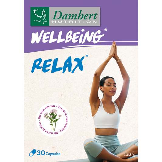 Damhert Relax vegetarian capsules with herbal ingredients, dietary supplement in a clear bottle with a label.