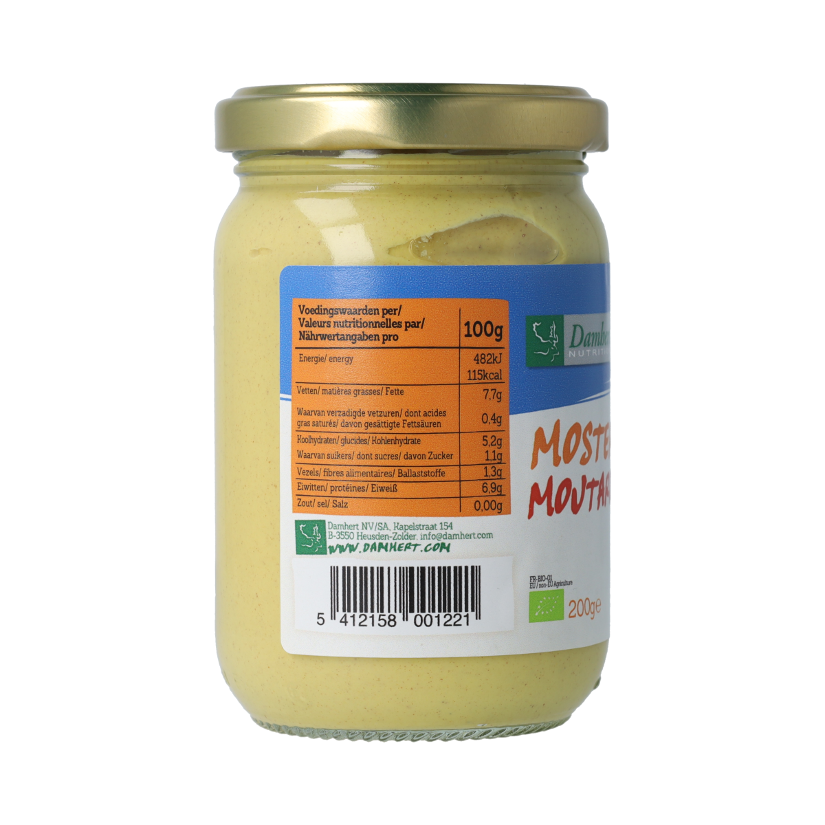 Damhert natriumarme, glutenvrije biologische mosterd sauce in 200g jar, perfect for cooking and flavoring dishes.