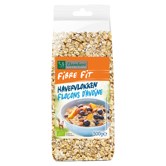 Damhert Fibre Fit havervlokken bio, 500g ontbijtgranen with whole oats and fibre in a clear bowl.