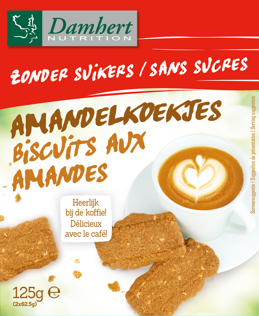 Damhert almond cookies in 125g package, showing golden-brown koeken with almonds on top and packaging label.