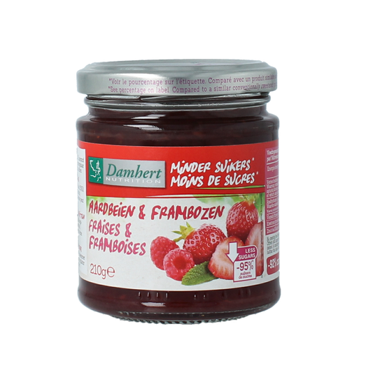 Damhert low carb strawberry and raspberry jam spread on bread, 210 grams, suitable as a nutritious broodbeleg.