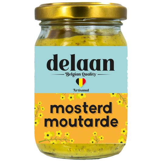 Delaan Mosterd de Luxe in 190g jar, premium mustard sauce, smooth yellow condiment for cooking and sandwiches