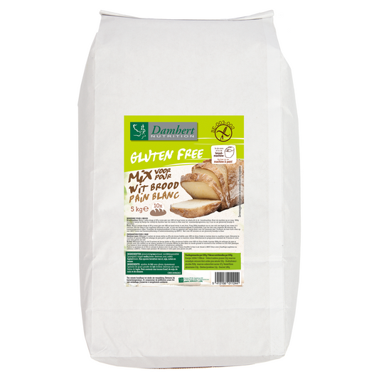 Damhert gluten-free white bread mix in a 5 kg bag, suitable for baking gluten-free bread and baked goods.