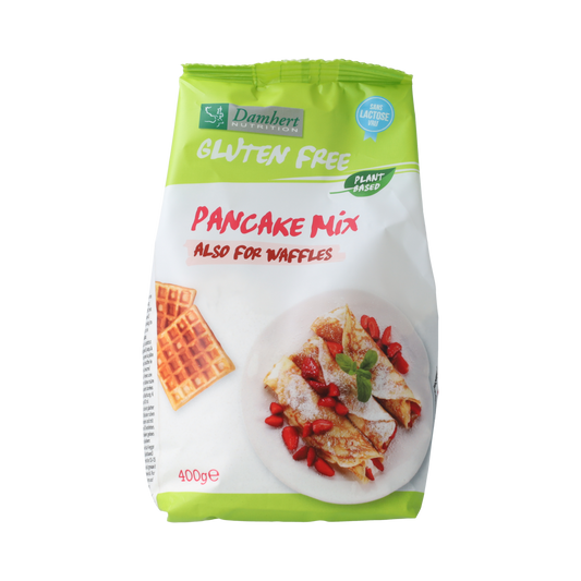 Damhert gluten- and lactose-free pancake and waffle mix in a 400g package, shown in a close-up image of the product packaging.