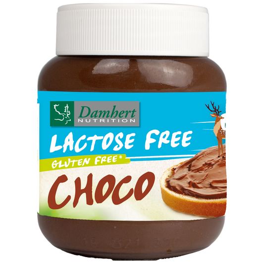 Damhert lactose-free Chocopasta spread on bread, 400g jar, creamy chocolate-flavored bread topping.